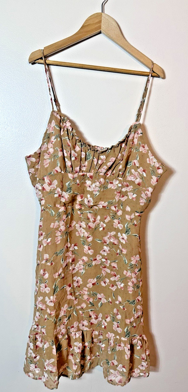 SAGE Love Nest Dress Large Tan Floral Babydoll Mini Cottagecore Ruffle Romantic